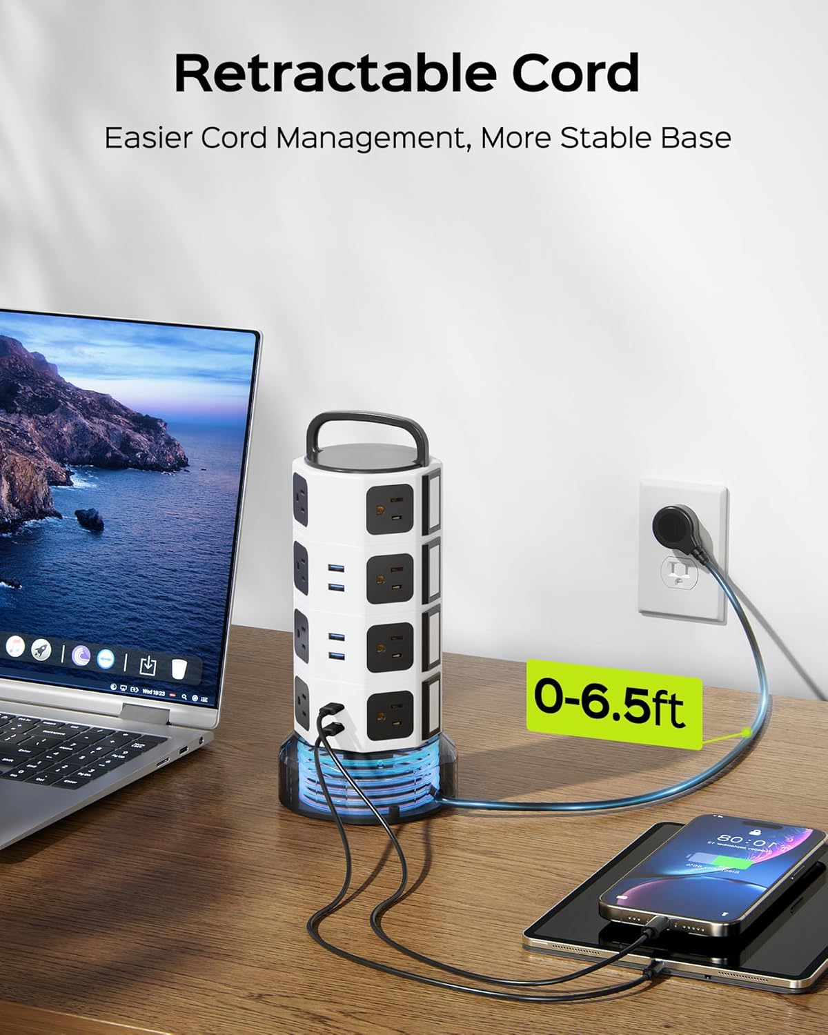 JACKYLED Power Strip Tower Surge Protector, 12 AC 6 USB (2 USB C), 1050J