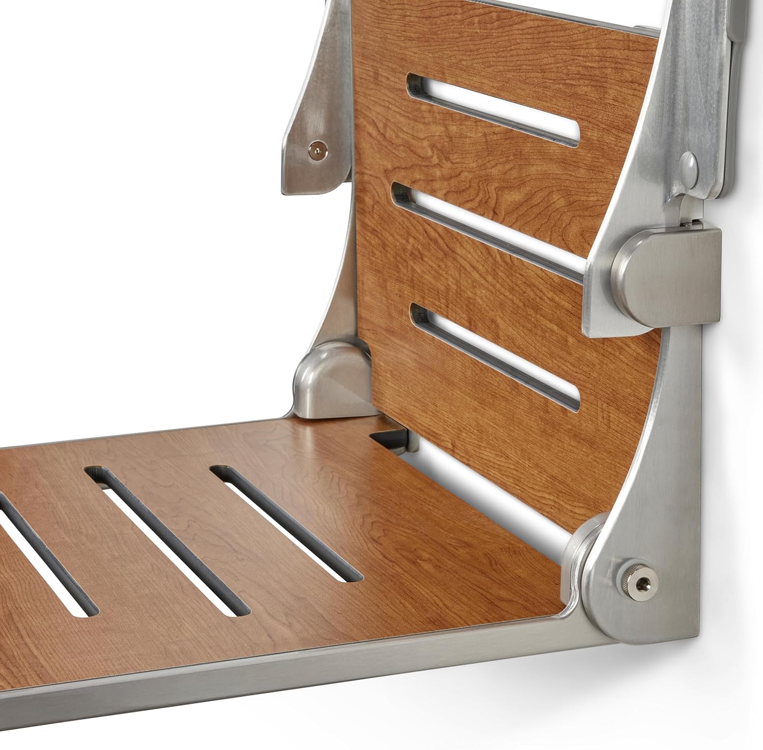 Seachrome Silhouette Comfort Folding Wall Mount Shower Bench Seat with Arms, Teak Seat with Silver Frame
