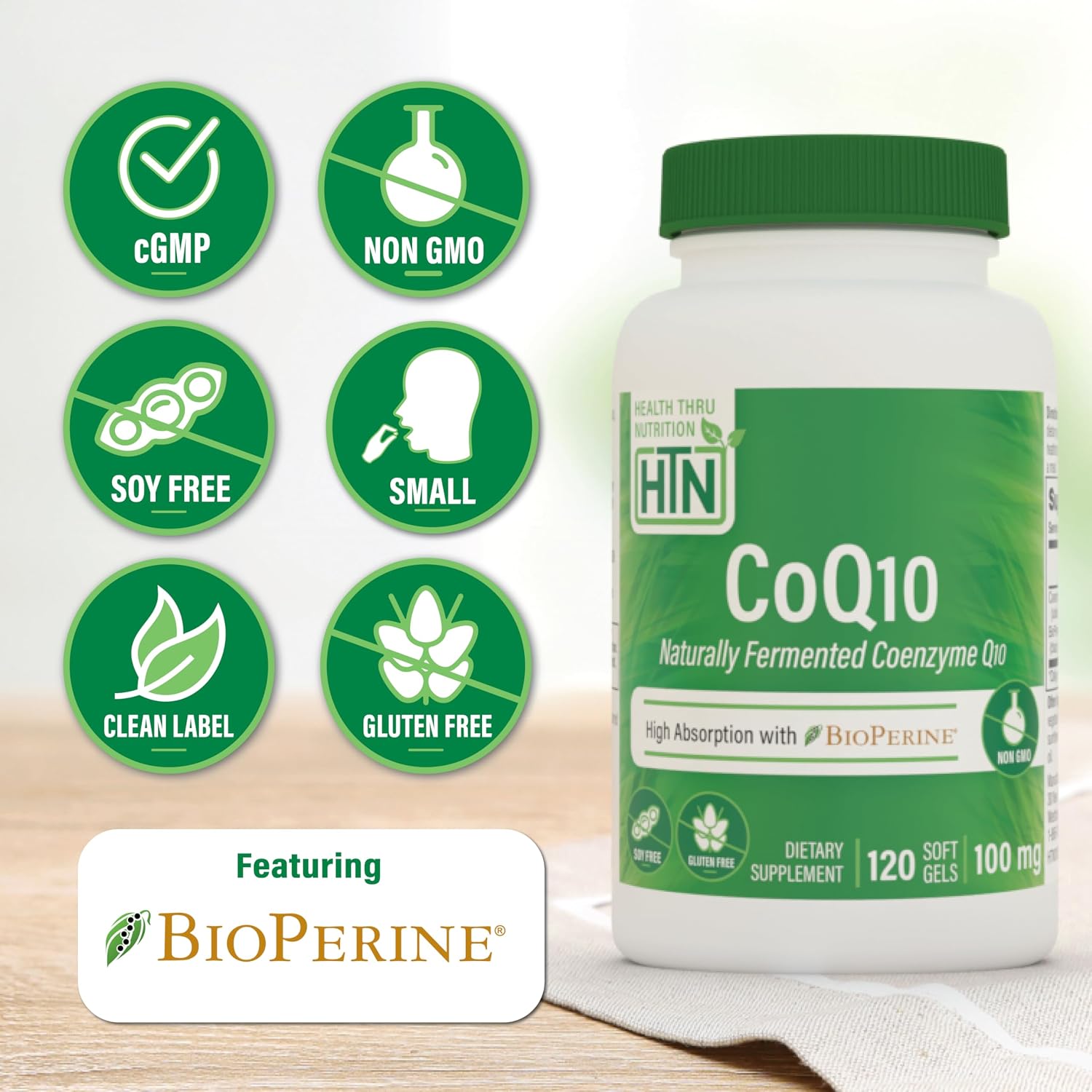 Health Thru Nutrition CoQ-10 100mg with BioPerine 120 Softgels | High Absorption Naturally Fermented USP Grade Coenzyme Q10 Supplement | 3rd Party Tested | Heart Health and Energy Support | High Absorption Naturally Fermented USP Grade Coenzyme Q10 Suppl…
