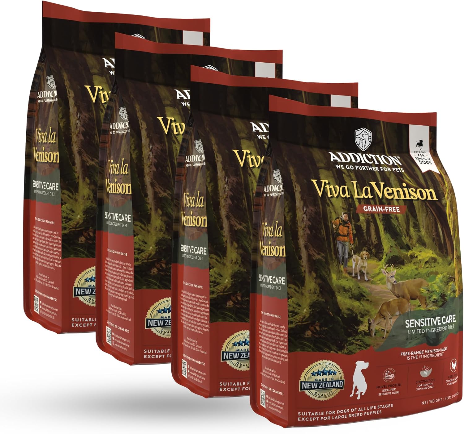 Addiction Viva La Venison Dog Food – Grain-Free Dry Dog Food with Novel Protein & Prebiotics, No Chicken, Beef, or Turkey – Ideal for All Dogs & Puppies – Made in New Zealand 4lb