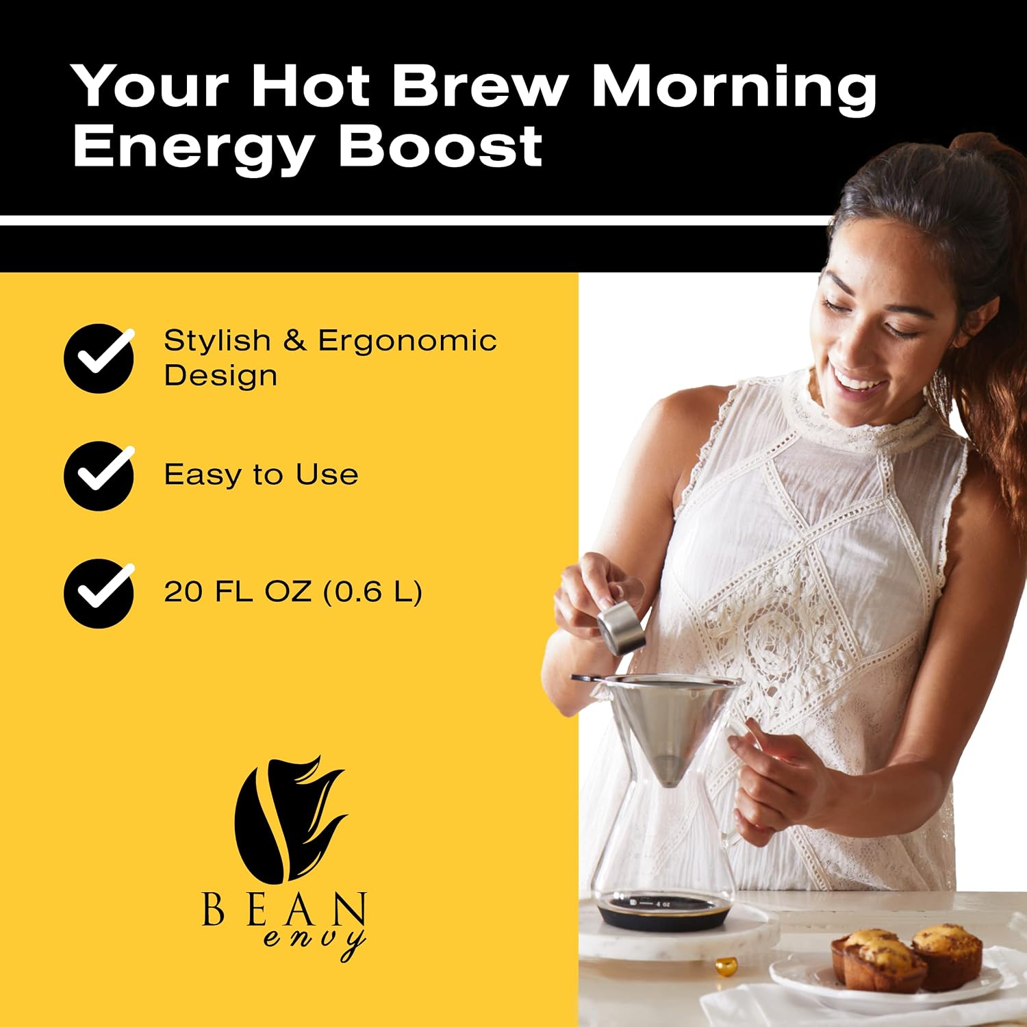 Bean Envy Pour Over Coffee Maker - Glass Dripper with Steel Filter 20 Oz | Dishwasher Safe, Borosilicate Carafe, Reusable Stainless Mesh, Non-Toxic