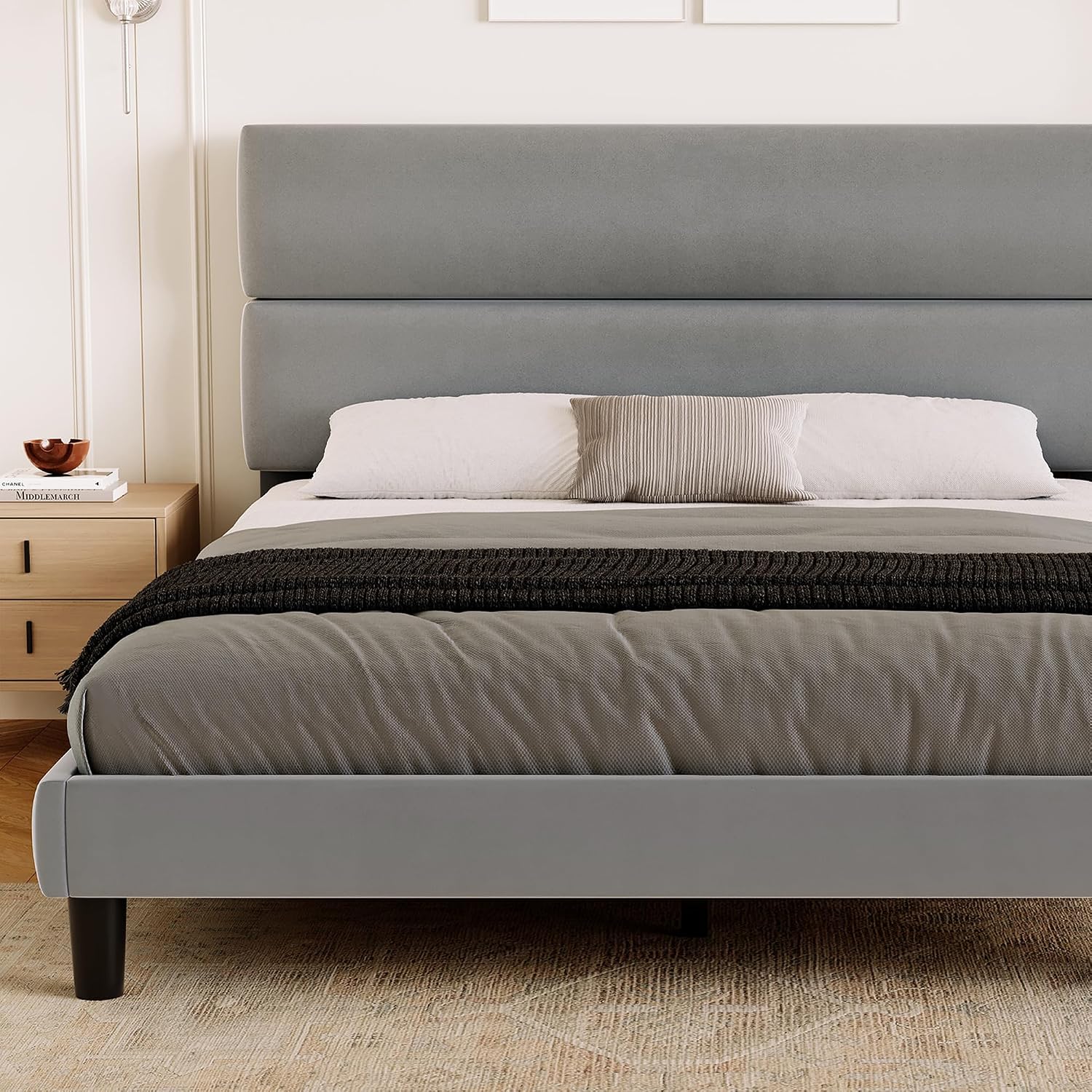 GRUSIGN Queen Size Platform Bed Frame with Velvet Headboard, Adjustable Height Wooden Slats Support, Upholstered Mattress Foundation, Fits Mattress or Mattress with Box Spring, Easy Assembly, Beige