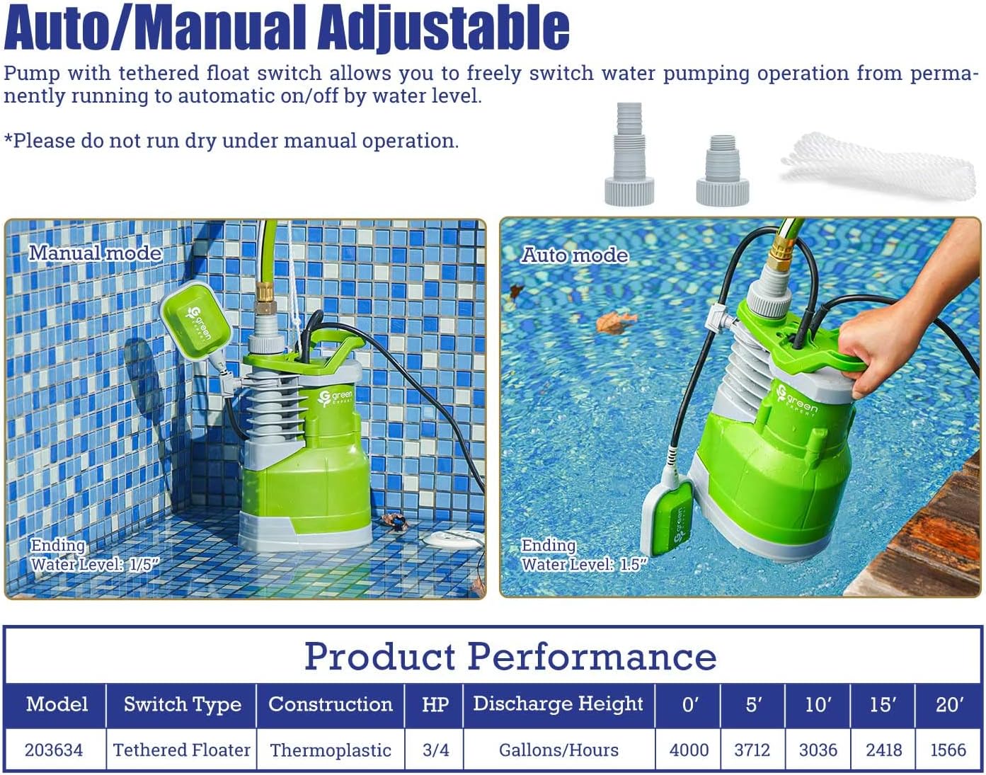 Green Expert 3/4HP Submersible Sump Pump Max 4000GPH High Flow Adjustable Float Switch Manual Automatic for Easy Water Removal in Pool Hot Tub