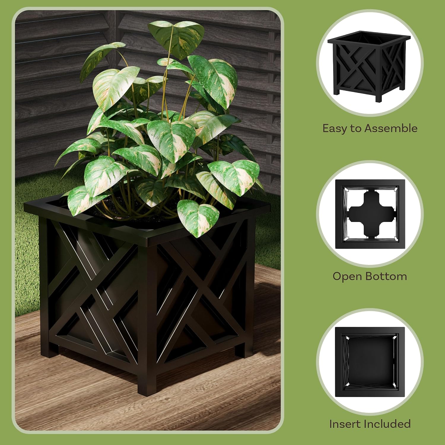 Lattice Design Outdoor Planter Box - 14.75” Square 13” Tall Black Plant Pot - Decorative Plant Pots for Front Porch Decor - Flower Pots Outdoor