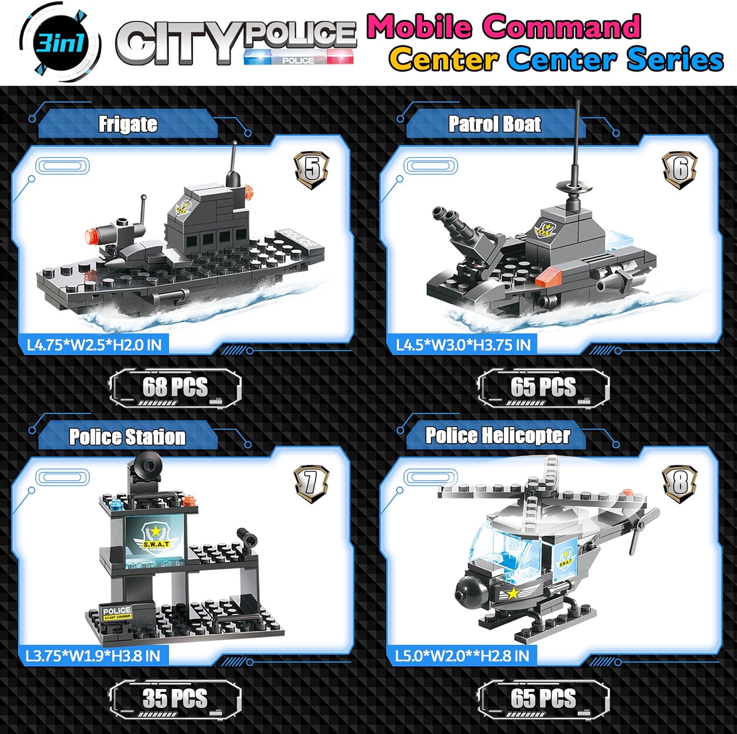 1110 PCS SWAT City Police Set Cop Car Building Set with Helicopter, Boat, Police Station, Mobile Command Center Truck Toys in 25 Different Models