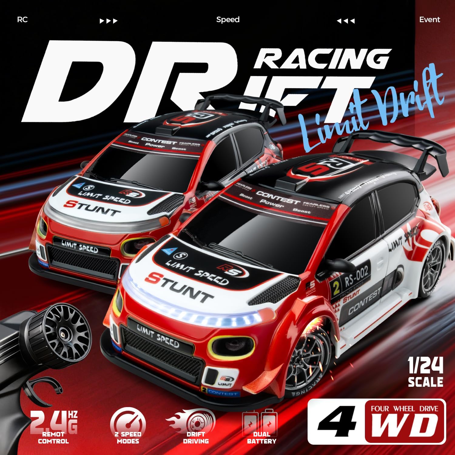 RC Drift Car Purple Racing Livery 1/24 Remote Control Car for Adult | 20KM/H 4WD Low/High Speed RC Cars with LED Lights, Extra Drifting Tires, Vehicle for Kids Boys Girls Beginners Indoor Outdoor