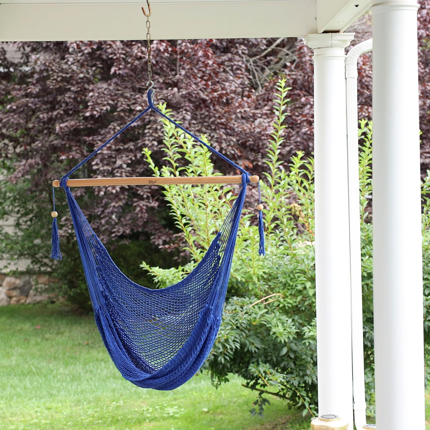 Bliss Hammocks BHC-412NT Island Rope Hammock Chair, Eco Friendly & Hand Woven, Varnish Coated 40 Inch Wood Spreader, Easy to Hang w/Included Hanging Kit, Supports up to 265 pounds, Natural Rope
