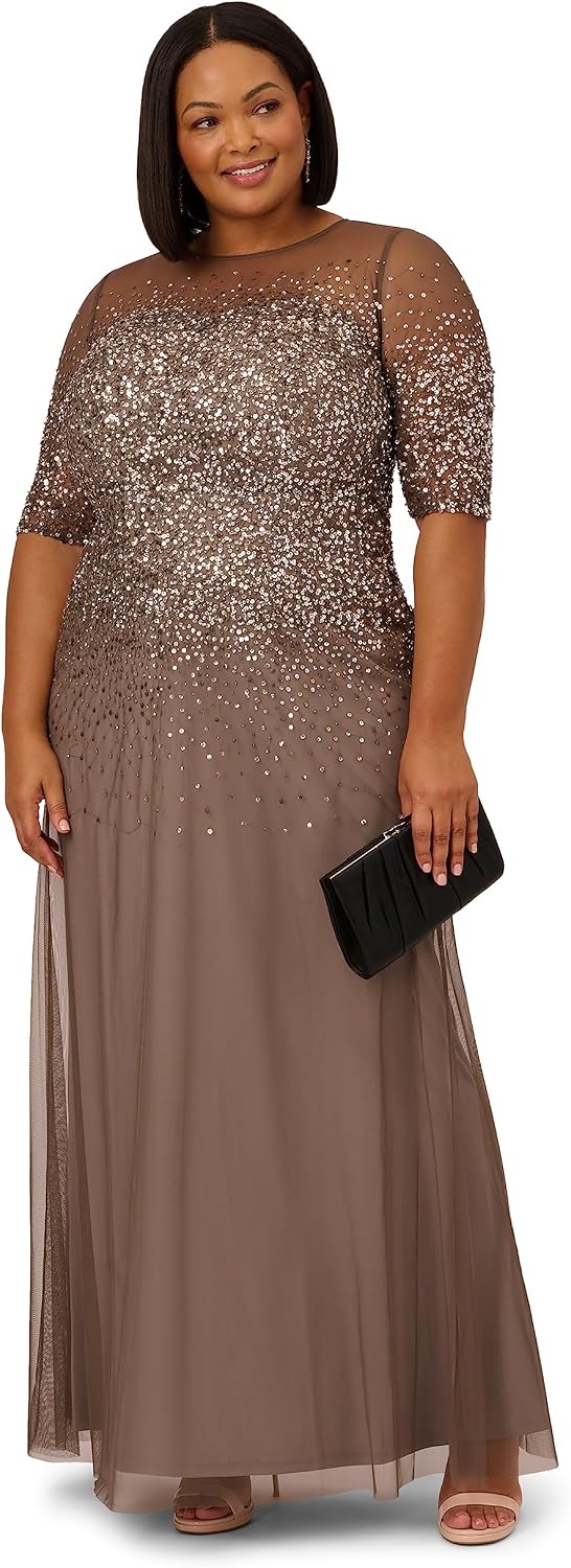 Adrianna Papell Women's Plus-Size Beaded Illusion Gown