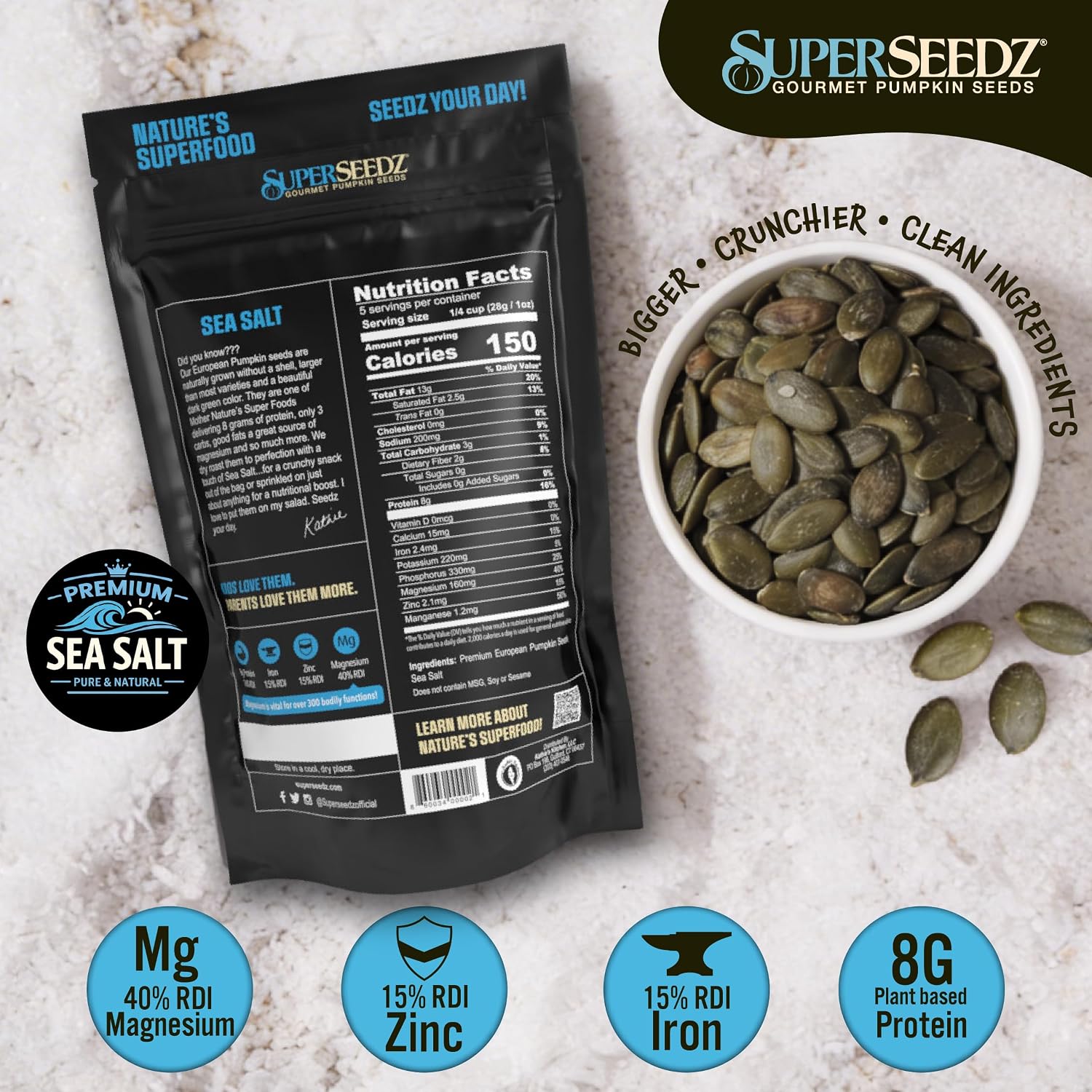 SuperSeedz Dry Roasted Pumpkin Seeds with Sea Salt w/8g Protein (5oz Bag) | Nn-GMO, Gluten-Free, Keto Snacks – Nut-Free & School Friendly Organic Pumpkin Seeds – Large European No Shell Pepitas