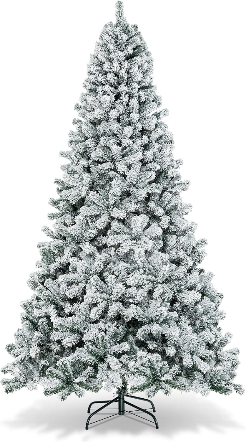 Goplus 7.5ft Pre-Lit Artificial Christmas Tree, Premium PVC Snow Flocked Hinged Pine Tree with Metal Stand and LED Lights