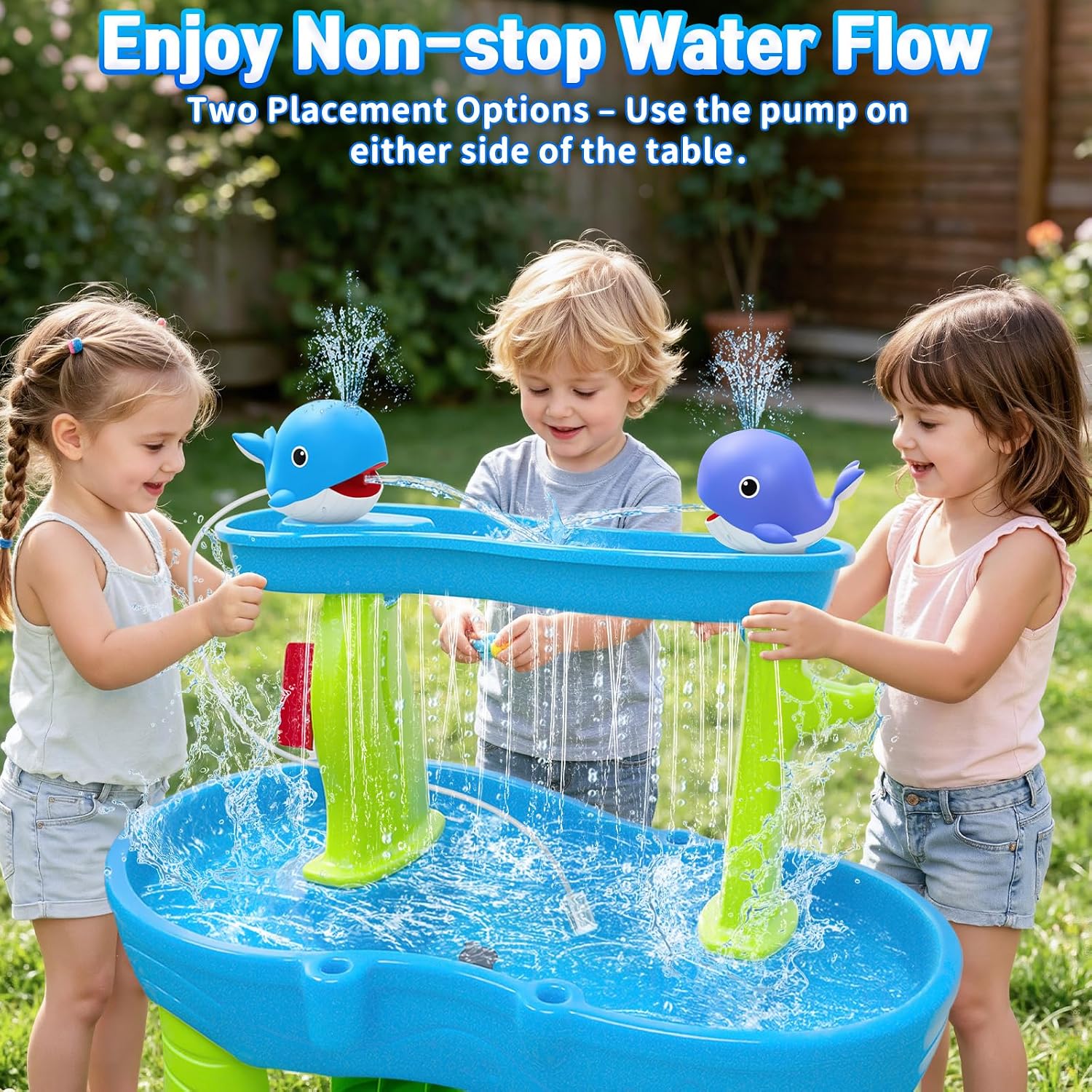 Water Table Pump, Rechargeable Water Pump for Water Table, 3.5 Hours Non-Stop Whale Pump with Sprinkler Outdoor Games Water Toys for Kids Toddlers, Outside Water Play Table Accessories (Blue)