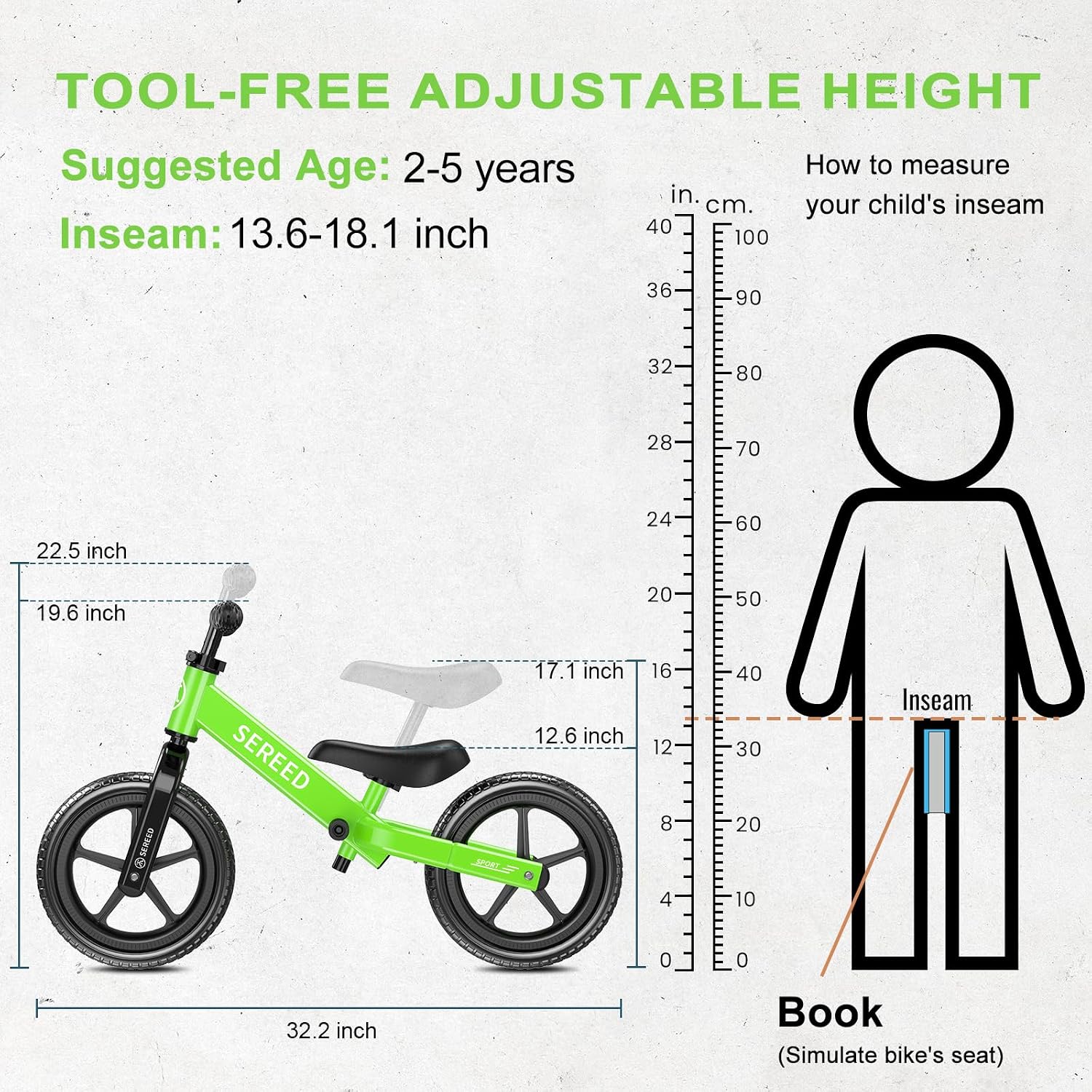 SEREED Toddler Balance Bike 2 Year Old, Gift for 2-3 Boys Girls, Adjustable | No Pedal Kids Toy Bike for 2-5 Years Old, Customize Plate with 3pcs Stickers (White)
