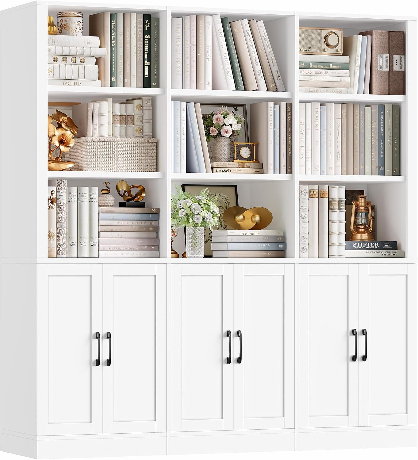 70” H x 63” W Triple Wide Bookshelf, Tall Bookcase with 6 Doors | 5 Tier Book Shelf with 15 Storage Shelves, Tall Book Case Large Bookshelves with Storage Cabinet for Home Office, White