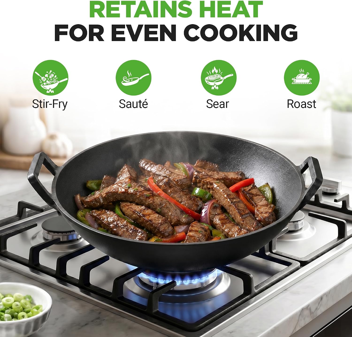 NutriChef 14" Cast Iron Wok with Wooden Lid - Pre-Seasoned Kadai for Stir-Fry with Loop Handles, Compatible with Multiple Cooktops Including Induction