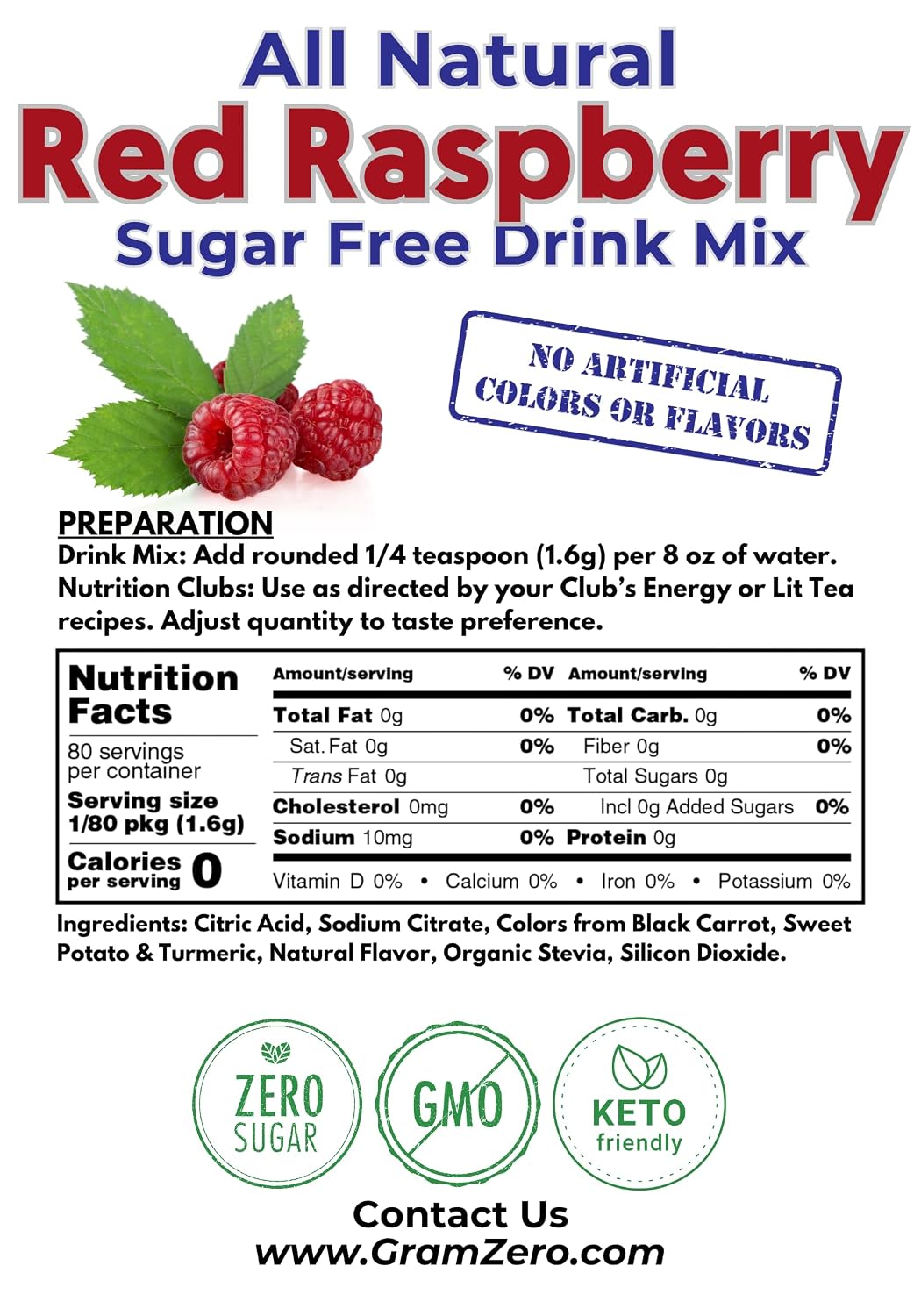 GramZero Raspberry Blush, Sugar Free Drink Mix, Pitcher Pack, Great For Nutrition Club Loaded Tea, Zero Calorie, Stevia Sweetened