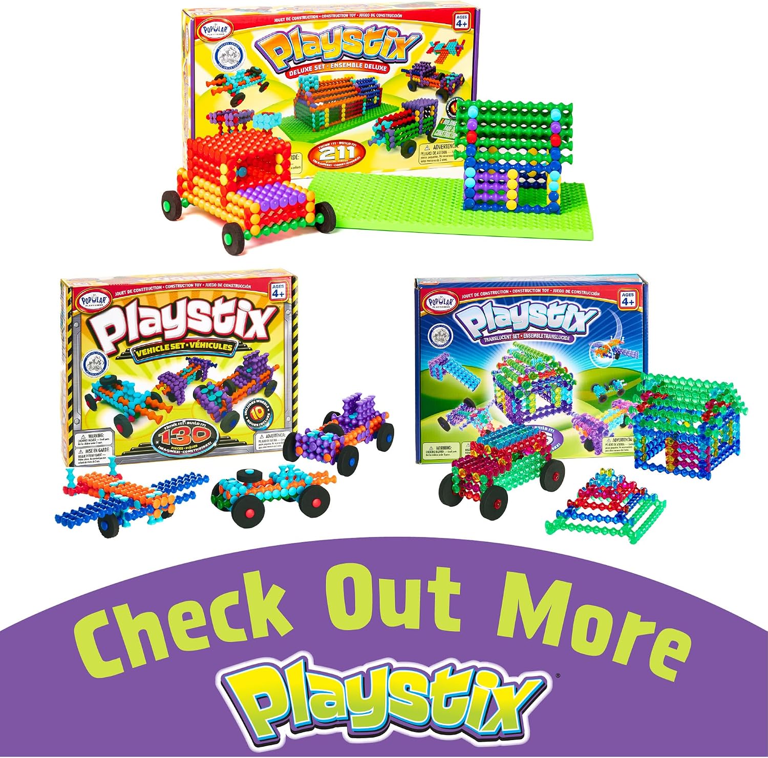 POPULAR PLAYTHINGS Playstix, Starter Set 80 Piece, Building Sticks Kit | for Kids Ages 4 and Up, Construction Stem Building Toy Gift, for Boys & Girls