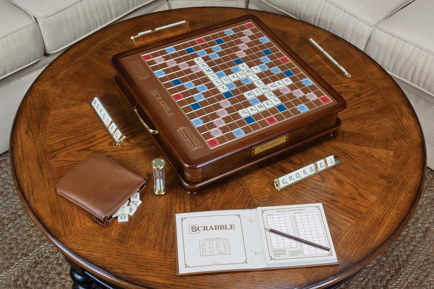 WS Game Company Scrabble Luxury Edition Rotating Wooden Board Game Set | Classic Word Game, Luxurious Wood Cabinet, Rotating Game Board