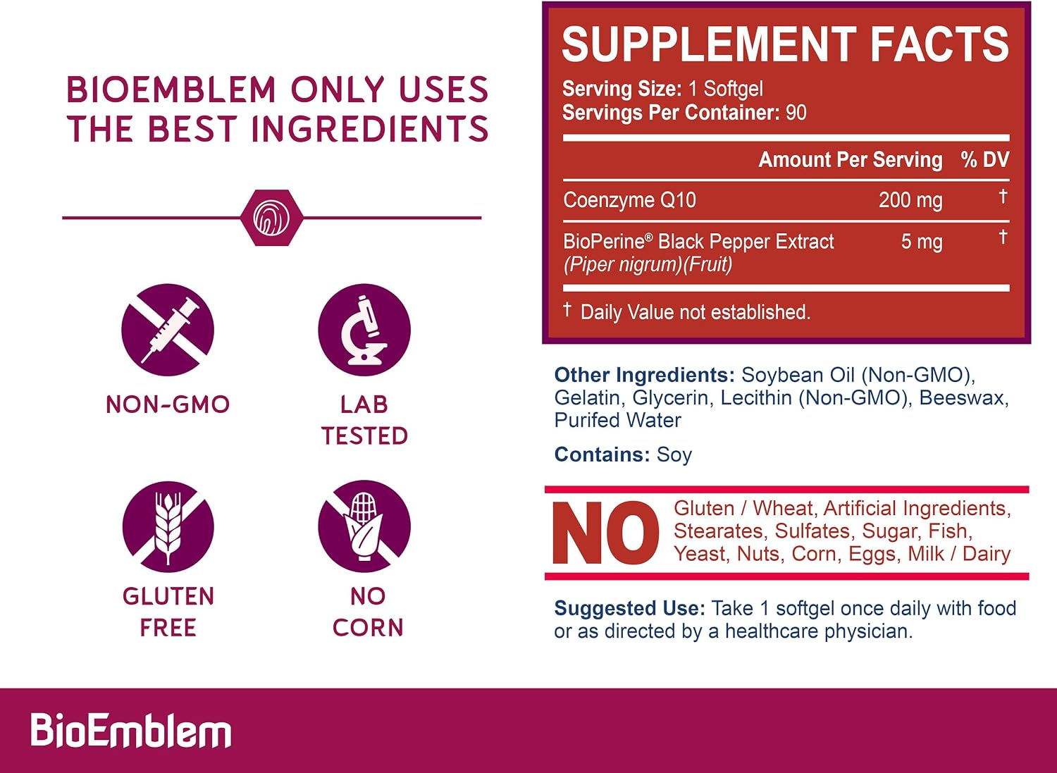 BioEmblem CoQ10 200mg with BioPerine, Coenzyme Q10, 90 Softgels