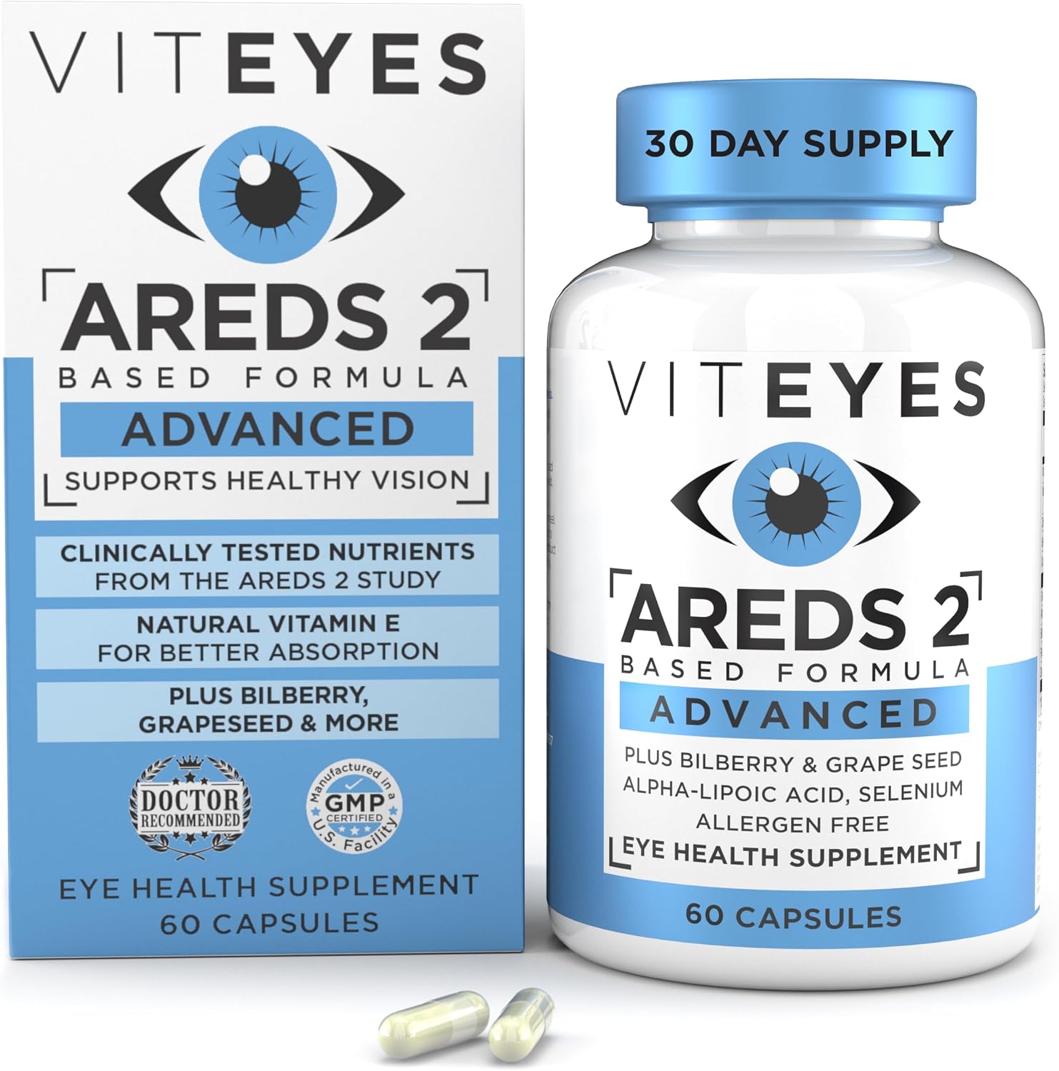 Viteyes AREDS 2 Advanced Eye Vitamins, Macular Support with Bilberry, grapeseed, FLORAGLO Lutein, Selenium, Natural Vitamin E, Allergen Free, Vision Protection, Eye Doctor Trusted, 180 Count