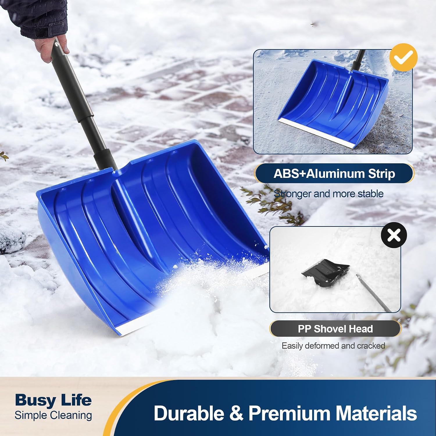 Yocada Snow Shovel for Driveway Home Garage Snow Removal 55 inch Long | with D-Grip Handle Aluminum Strip Large Capacity Shovel for Garden Car