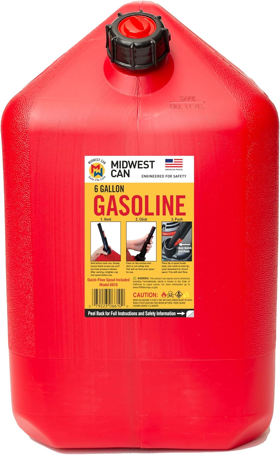 Midwest Can 6610 Safe-Flo Auto Shut Off 6 Gallon Gas Can – Durable Fuel Containers with FlameShield Safety System & Quick-Flow Spout - Red - 4 Pack