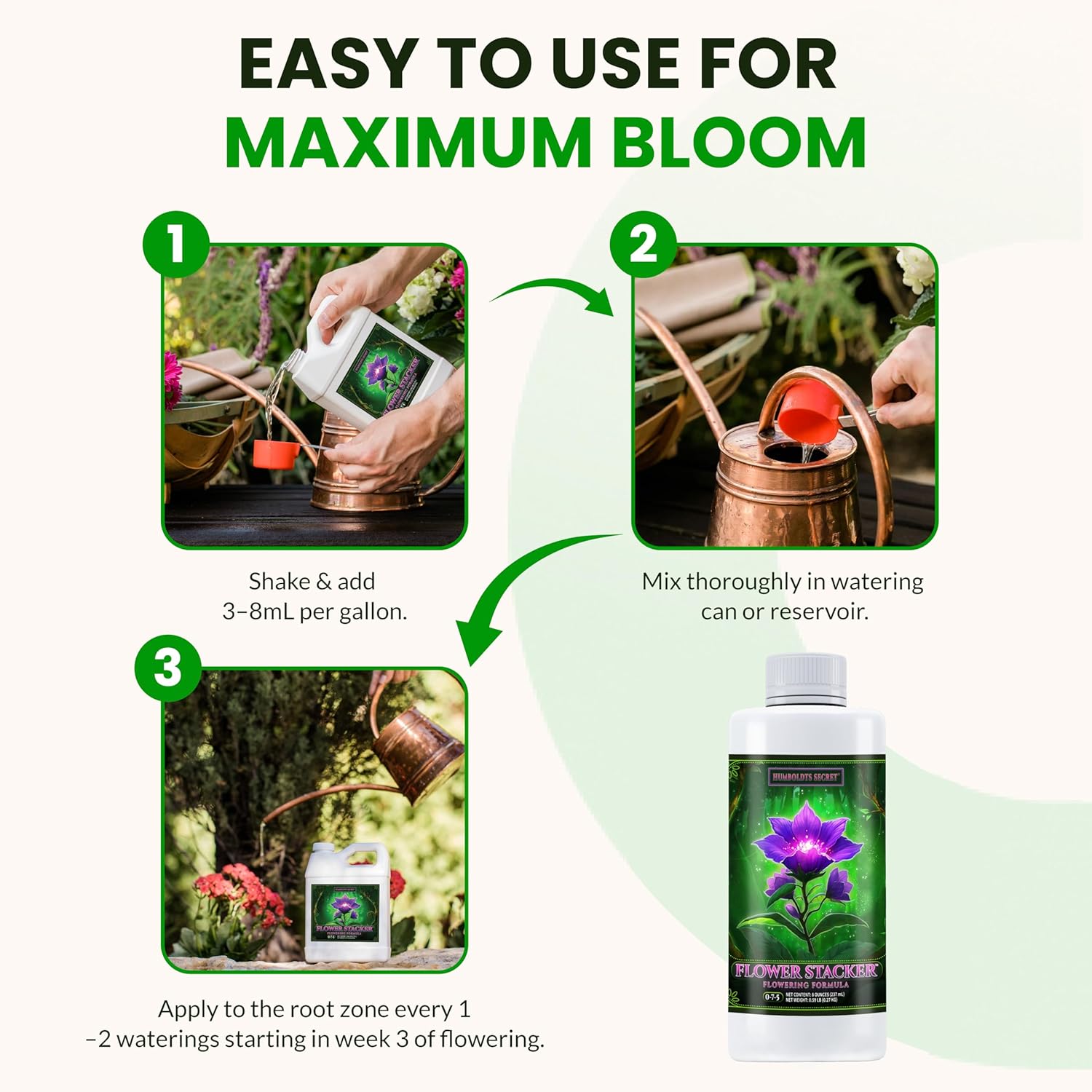 Humboldts Secret Flower Stacker | 0-7-5 Bloom Booster with Vitamin B1 | High Phosphorus Potassium Flowering Nutrients | Potting Soil Hydroponics Coco | Indoor & Outdoor Plants | 32 Ounce