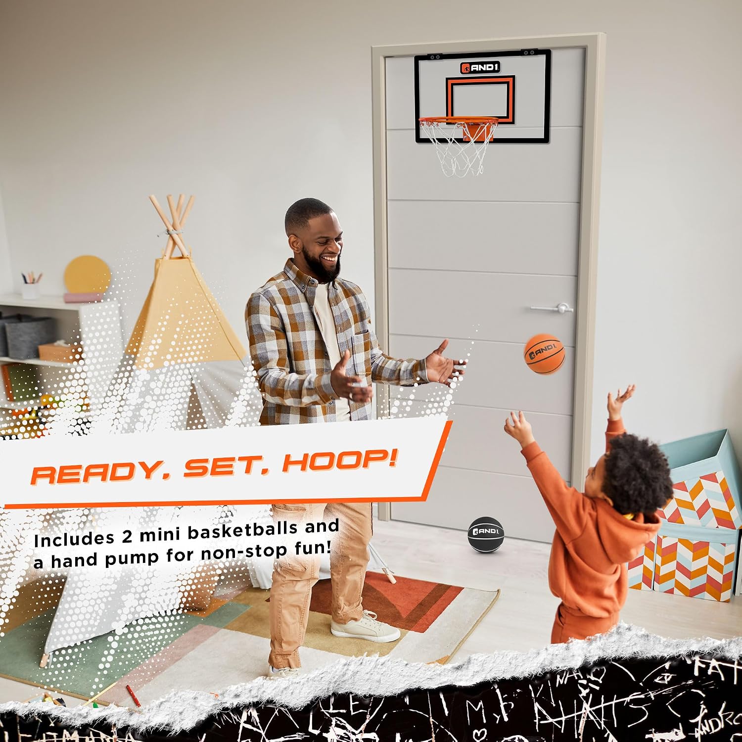 AND1 Over the Door Mini Basketball Hoop: 18x12 Shatterproof Backboard, 2 Mini Basketballs