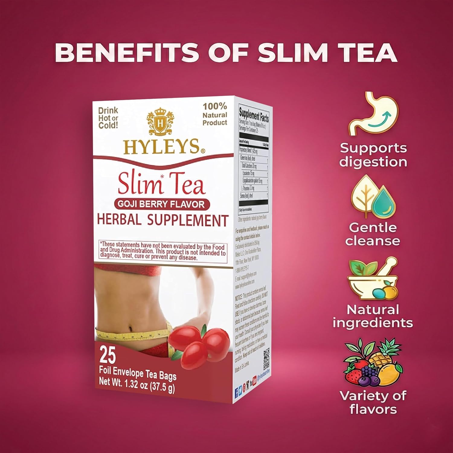 HYLEYS Slim Tea Goji Berry, Weight Loss Detox, Slimming Diet Tea, 25 Bags | Green Tea, Senna Detox & Cleanse, 3 Natural Ingredients, No Added Sugar, 1-Step Bedtime Routine, Supports Digestion