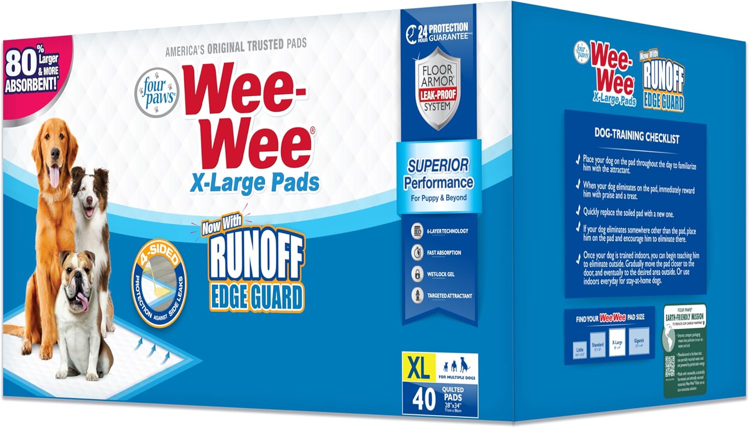Four Paws Wee-Wee Superior Performance X-Large Dog Pee Pads, 40 Count | Puppy & dog potty training pads, housebreaking supplies, xl puppy pads, pet supplies, 24-hour floor protection, 28" x 34"
