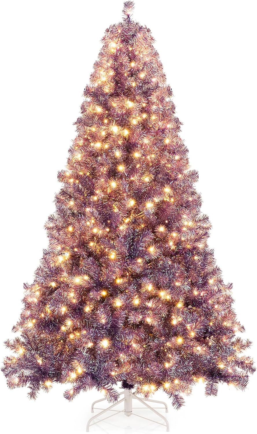 Goplus 7.5ft Pre-Lit Artificial Christmas Tree, Premium PVC Snow Flocked Hinged Pine Tree with Metal Stand and LED Lights