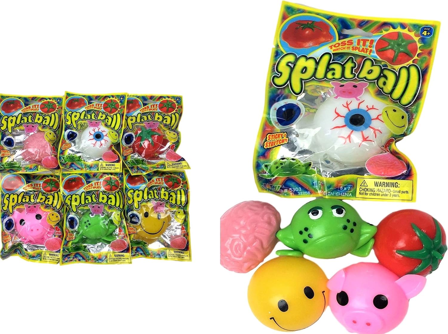 JA-RU Splat Ball - Squishy Stress Balls (6 Assorted Pack) Emoji-Squishy Ball Fidget Pack for Kids and Adults. Party Favor Classroom Treasure Box