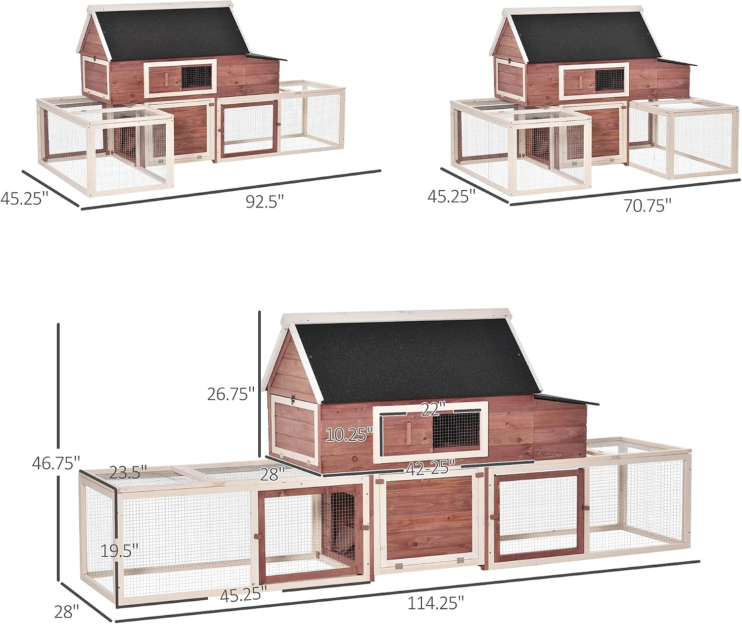 PawHut 114" Chicken Coop Wooden, Customizable Outdoor Chicken Cage Poultry Hen House with Nesting Box, Double Runs, Asphalt Roof, Ramp