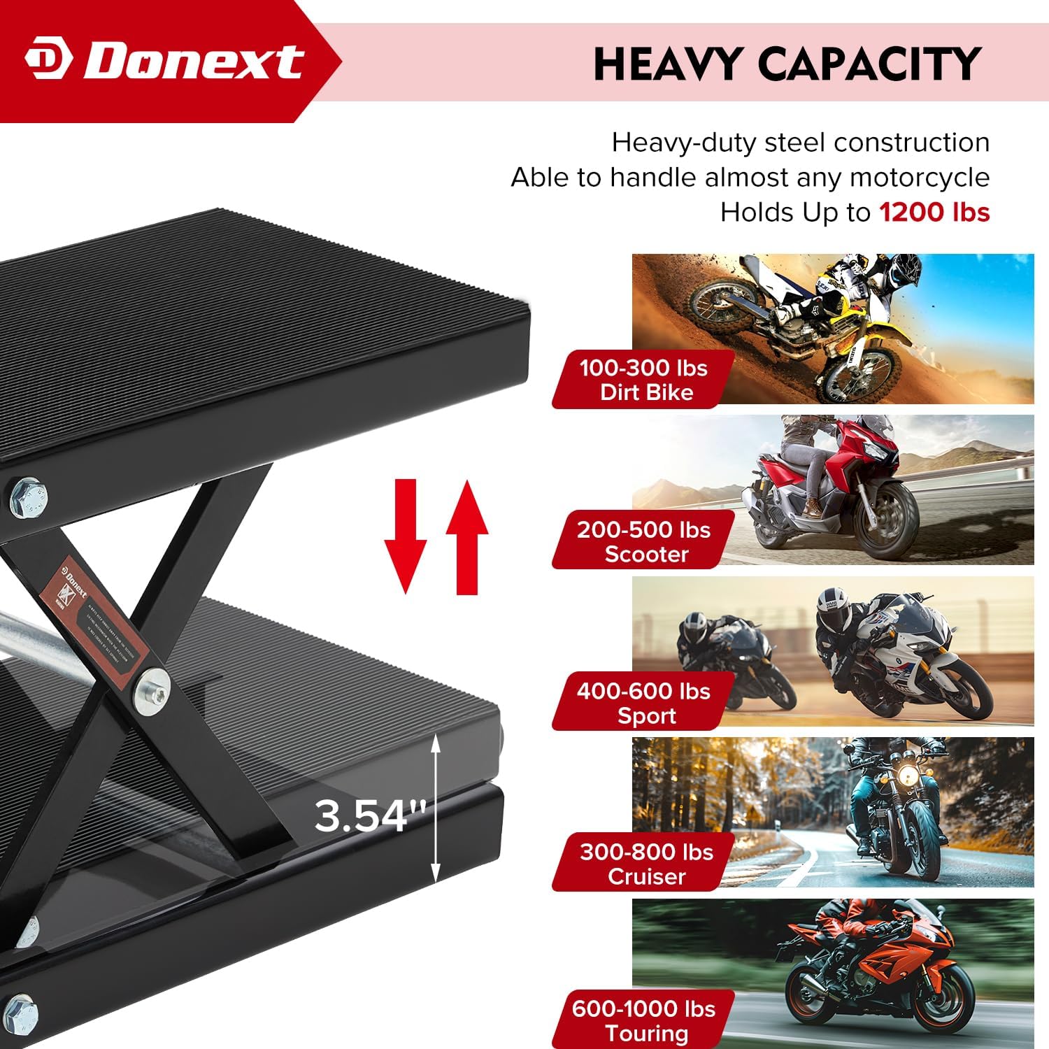 Motorcycle Lift Scissor Jack, 1200 LB Capacity Wide Deck Hoist Stand Maintenance Bikes ATVs Garage Repair Center Stand Lift Jack, Red