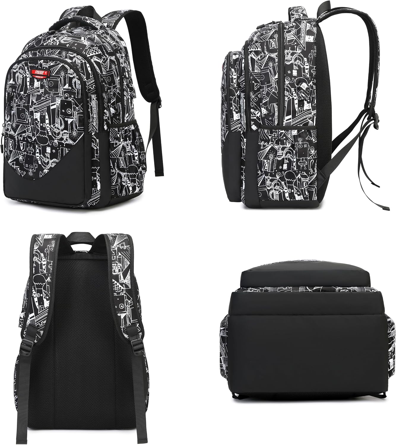 Asge Large Nylon Backpacks for Boys & Girls, Waterproof Satchel with Print, School Bags for 8-16 Years