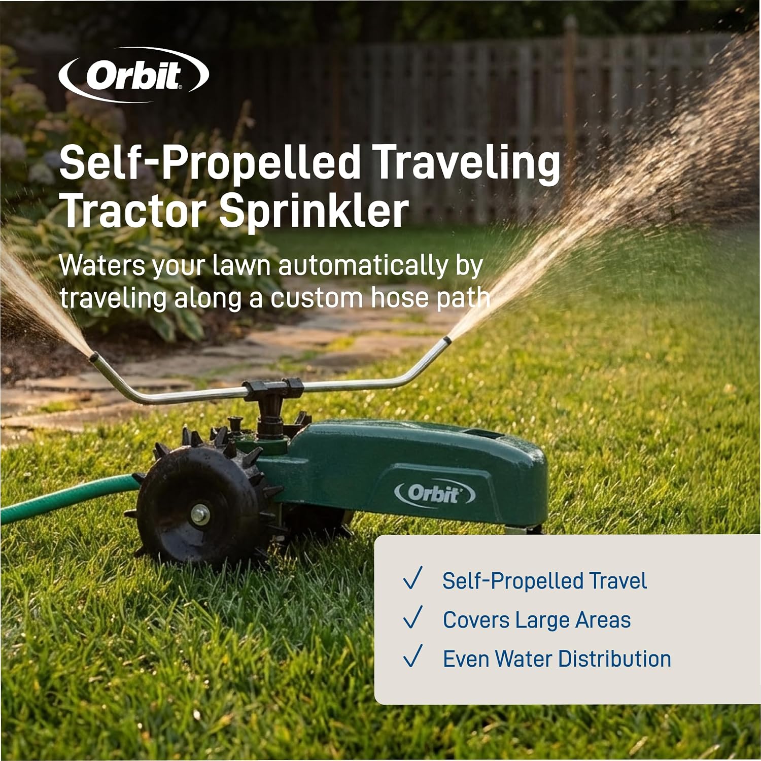 Orbit Traveling Tractor Water Sprinkler - Self-Propelled Traveling Sprinkler for Wide Lawn Coverage - Cast-Iron Body with Adjustable Coverage