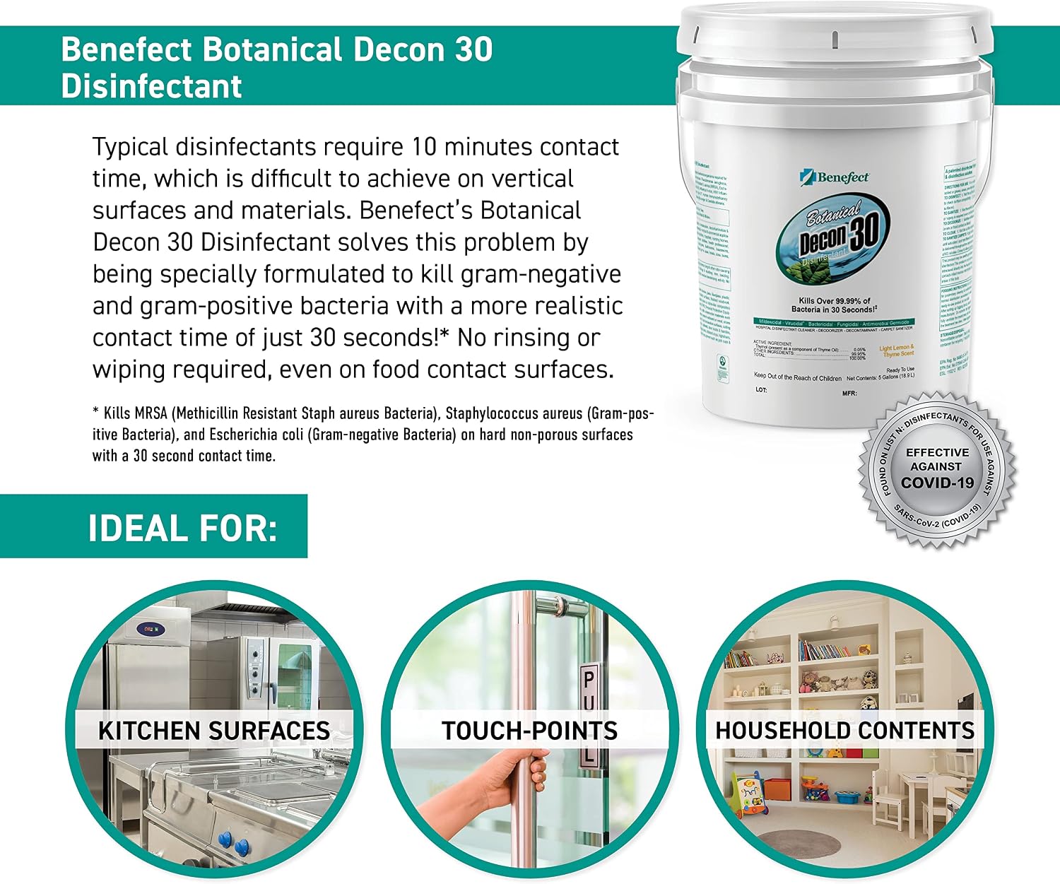 Benefect Botanical Decon 30 Disinfectant Cleaner - All Natural Formula for Effective Cleaning Power - Ideal for Restoration Jobs & Water Damage - 20476 - 1 Gallon