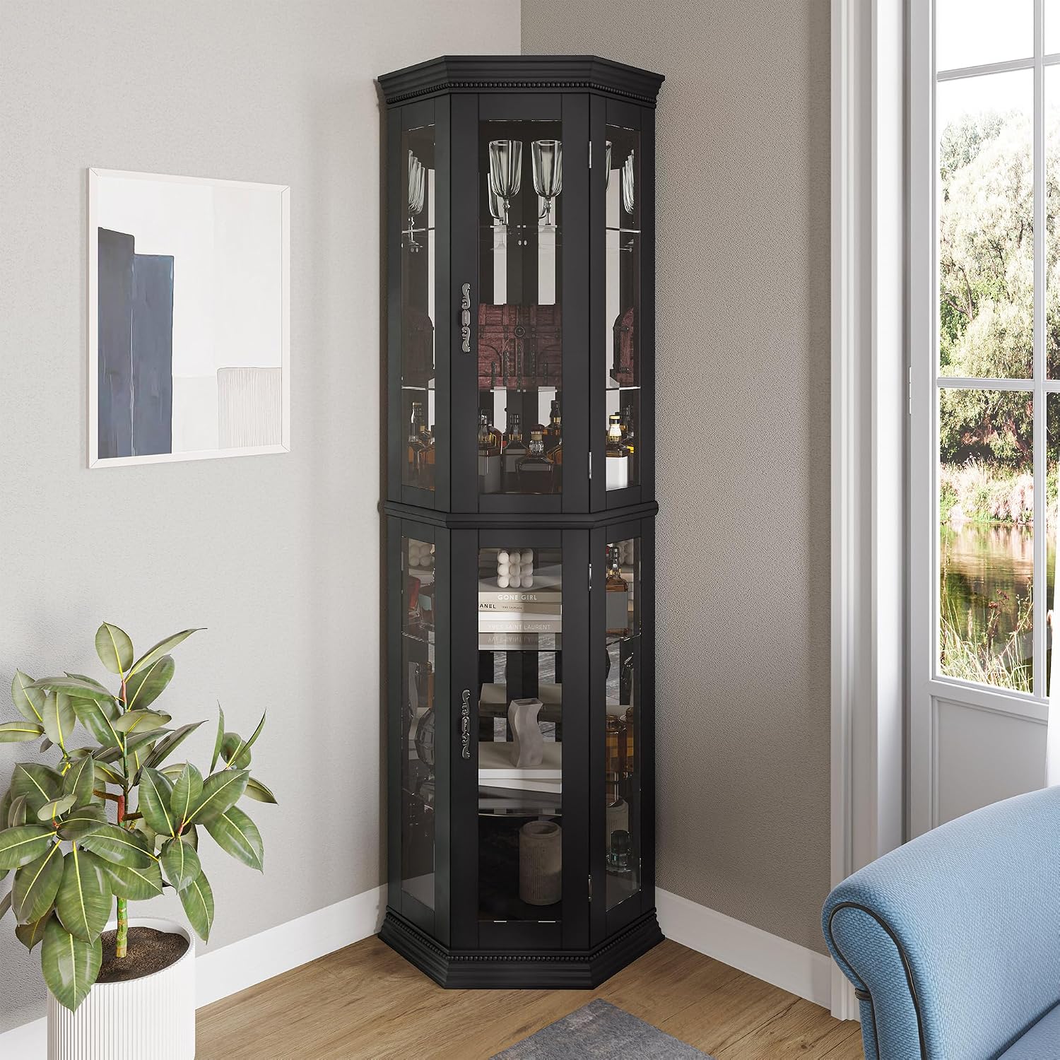 BELLEZE Lighted Wooden Corner Display Curio Cabinet, Two Section Shelving Unit with Tempered Glass Door