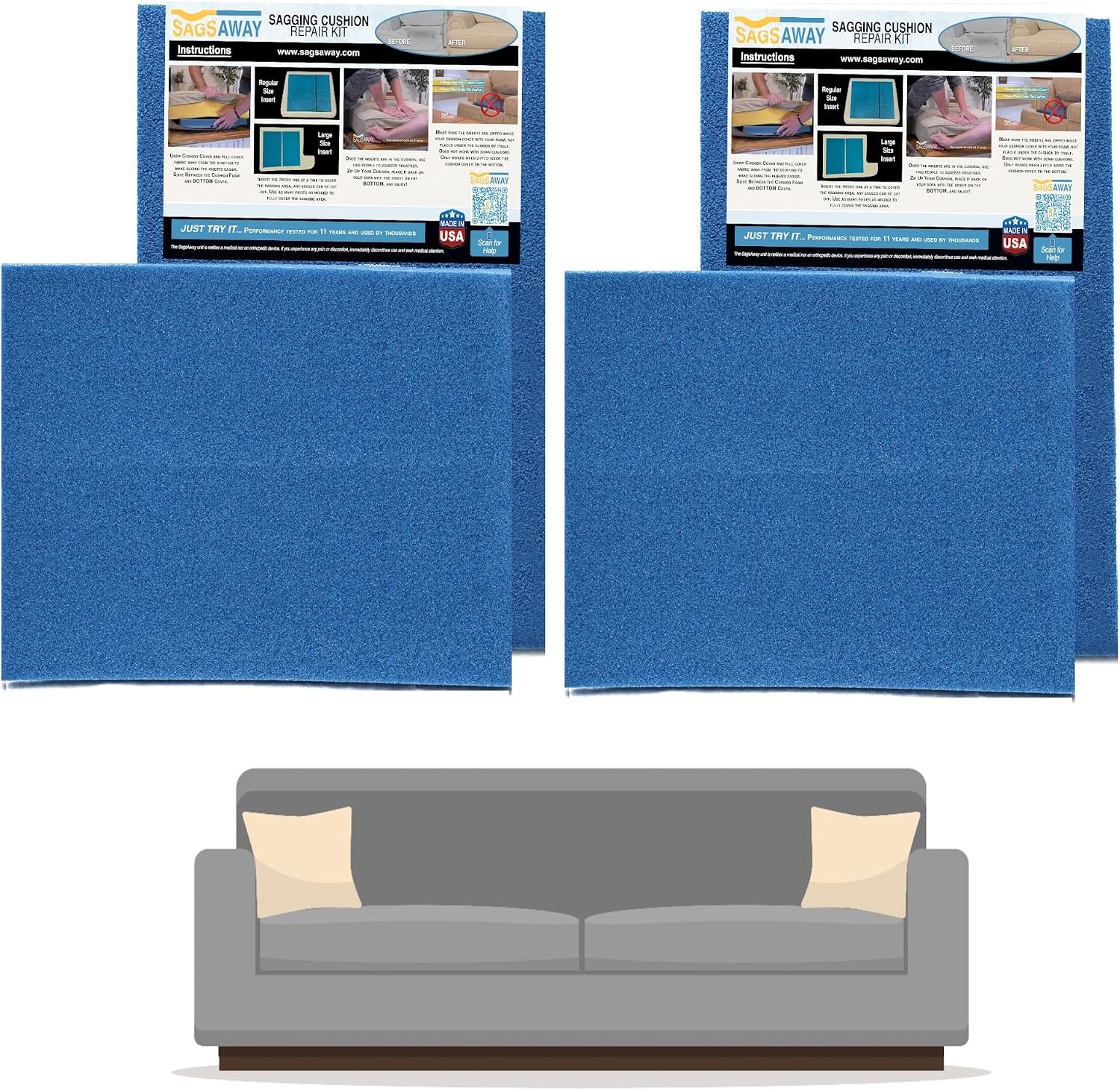 Large 2 Piece 1.5in Thick Cushion Insert Kit for Immediate Lasting Support of 1 Saggy Seat. Two13x17in Pieces of Military Grade Foam Adds Thickness, Delays Replacing Sofa