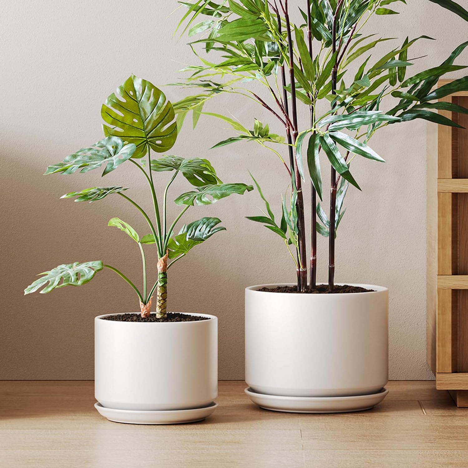 LE TAUCI Ceramic Plant Pots, 4.3+5.3+6.8 inch, Set of 3, Planters with Drainage Hole and Saucer, Indoor Flower Pot with Hole Mesh Pad, Gifts for Mom