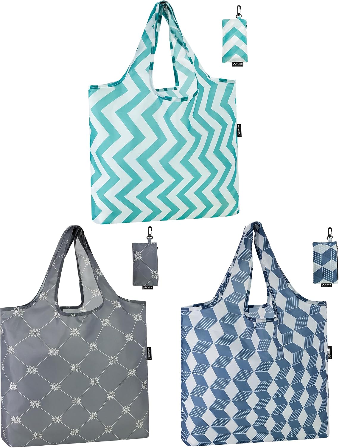 HOLYLUCK Reusable Grocery Bags,Heavy Duty Foldable Shopping Tote Bag (Standard, 3 Blue Geometric Flowers)