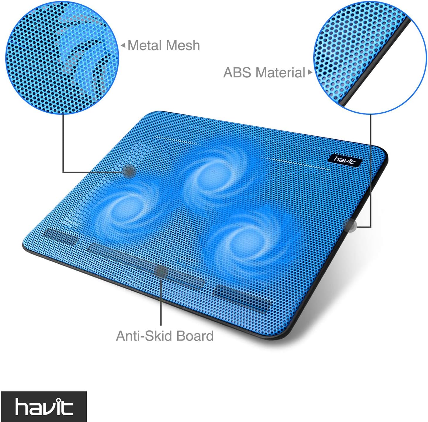 havit HV-F2056 15.6"-17" Laptop Cooler Cooling Pad - Slim Portable USB Powered (3 Fans), Black/Blue | Three quiet USB-powered fans circulate air below the laptop, two height settings improve viewing and typing comfort