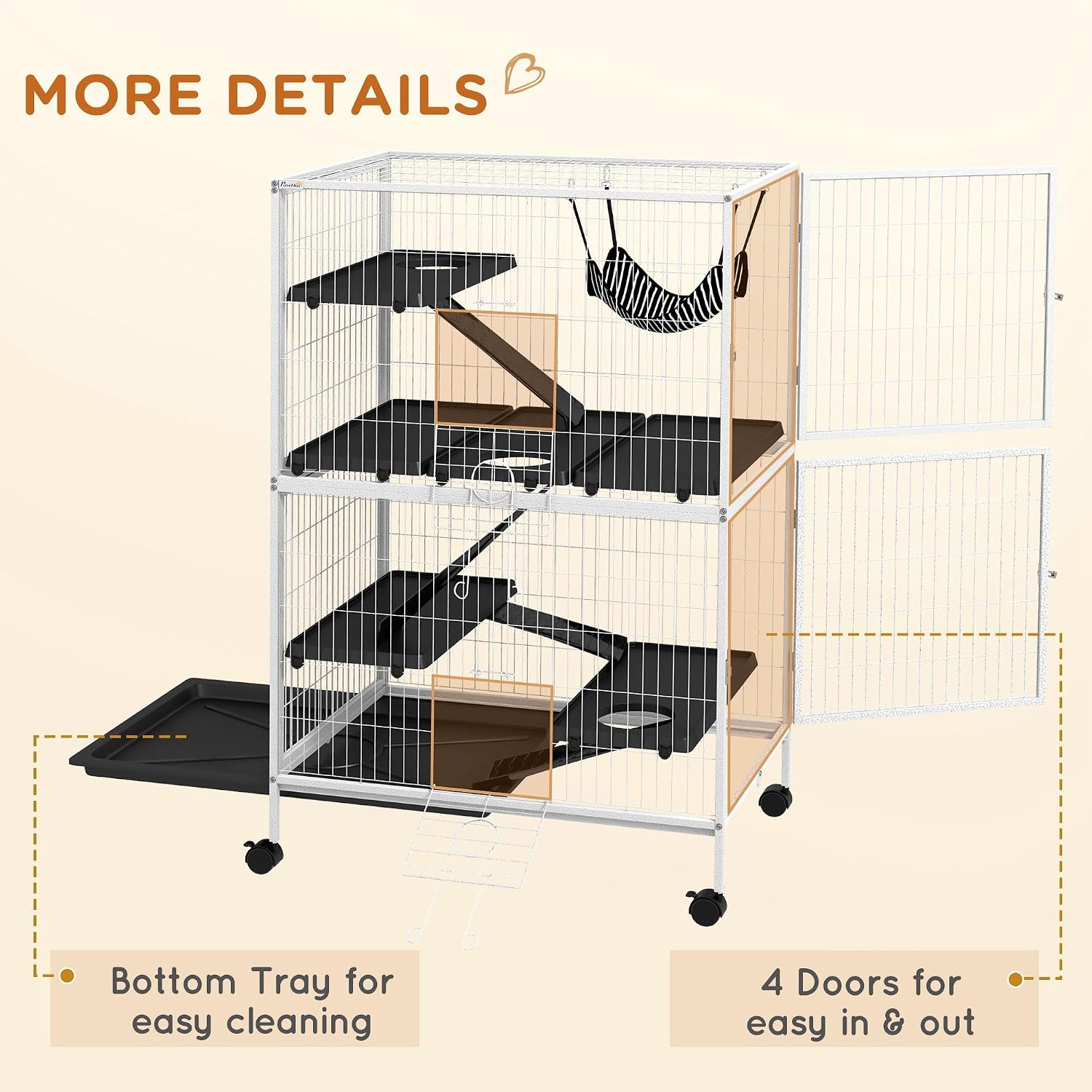 PawHut Metal Small Animal Cage, 4-Tiers Rolling Big Ferret Cage, Gray