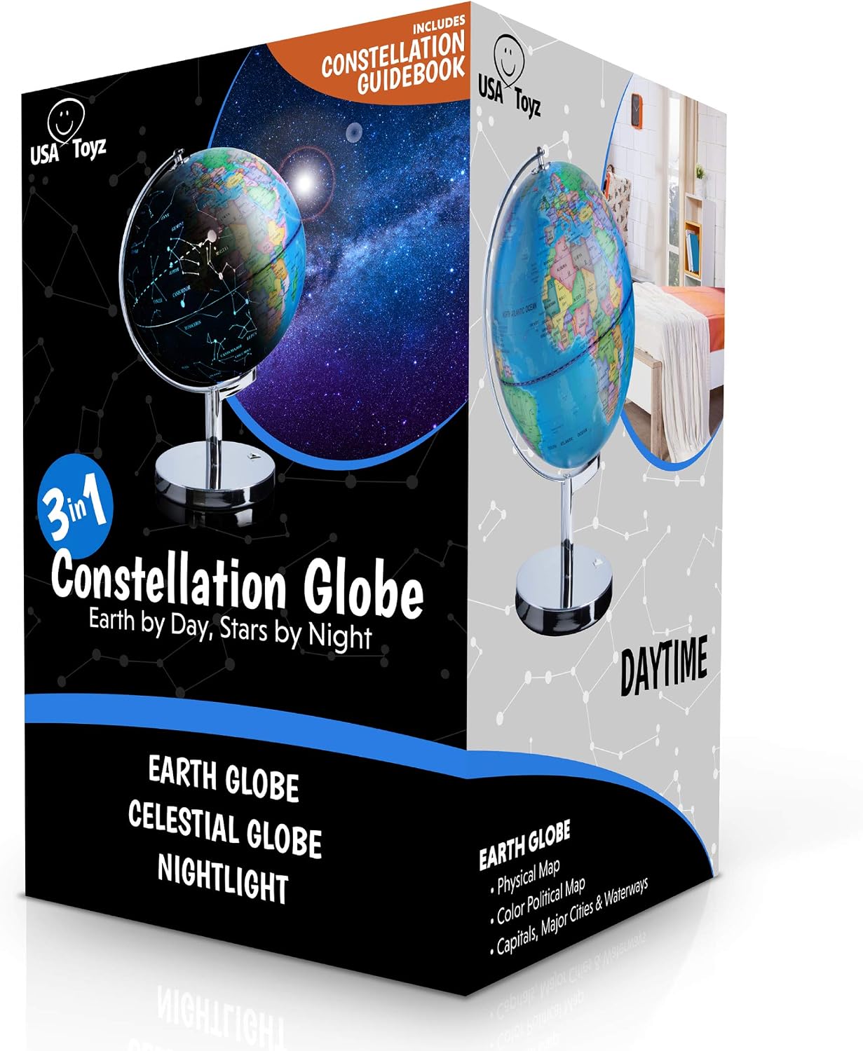 USA Toyz Illuminated World Globe with Stand - 3in1 STEM Globes for Adults and Kids, Constellation Map, Built-In LED Night Light Lamp, Easy to Read Texts, Non-Tip Base, 13.5 Inch Tall, 9 Inch Diameter