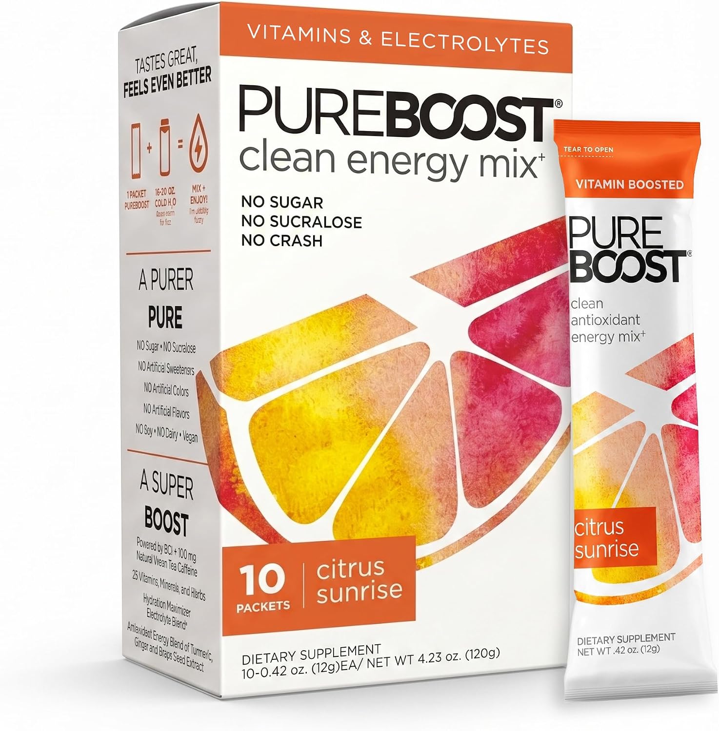 Pureboost Sugar-Free Clean Energy Booster Drink Mix, Citrus Sunrise 30ct | B12 vitamins, low sodium electrolytes & antioxidants. 25 vitamins and minerals. No sucralose.