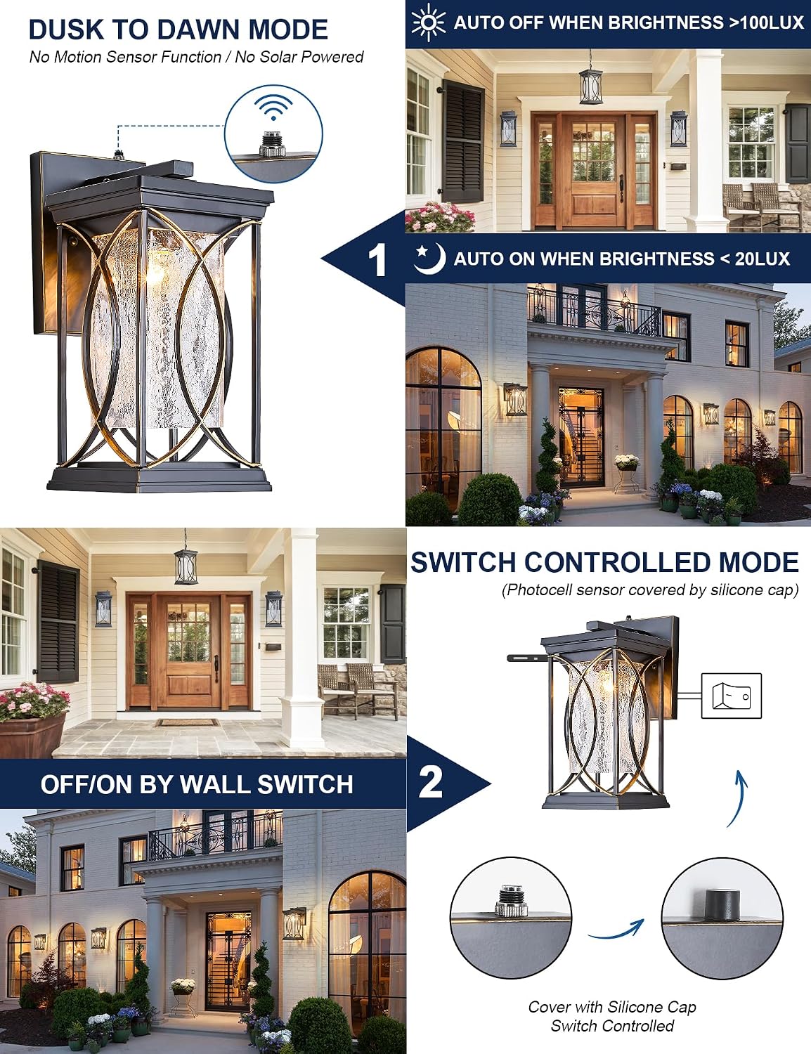 Dusk to Dawn Modern Outdoor Coach Lantern Exterior Light Fixtures Black Aluminum with Crack-Like Glass Waterproof Wall Sconce Mission Outside Light