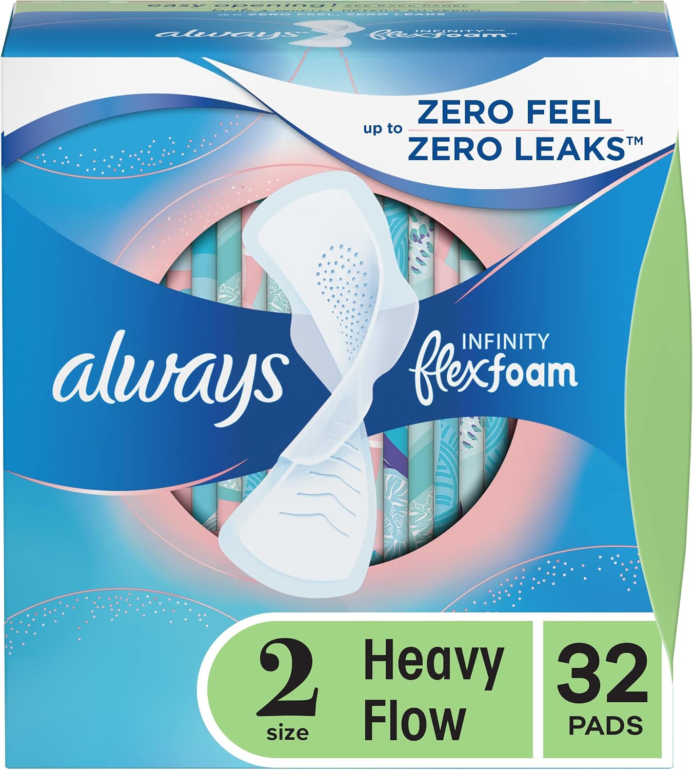 Always Infinity Feminine Pads for Women, Size 2 Heavy Flow Absorbency,with Flexfoam, with Wings, Unscented, 32 Count