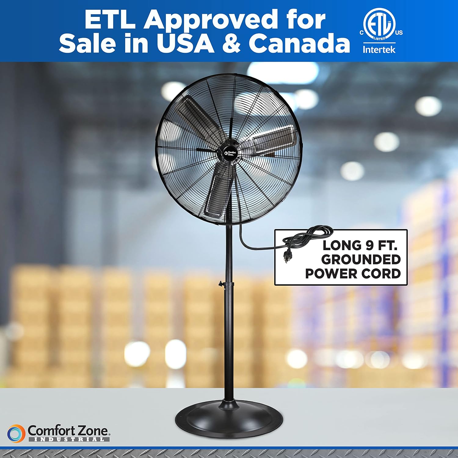 Comfort Zone Industrial Pedestal Fan, 30 inch, 3 Speed, High Velocity, Adjustable Height 56” to 76”, Metal, Meets OSHA Standards