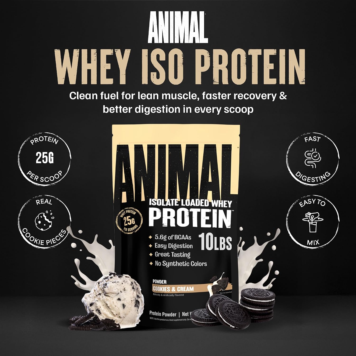 Animal Whey Isolate Protein Powder - Loaded for Pre & Post Workout Muscle Builder and Recovery with Digestive Enzymes for Men & Women - 25g Protein, Great Taste, Low Sugar - Chocolate 2 lbs