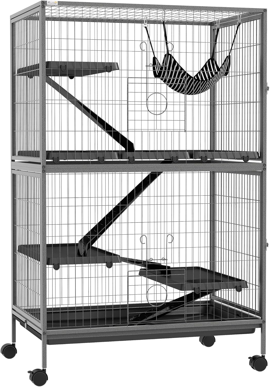 PawHut Metal Small Animal Cage, 4-Tiers Rolling Big Ferret Cage, Gray