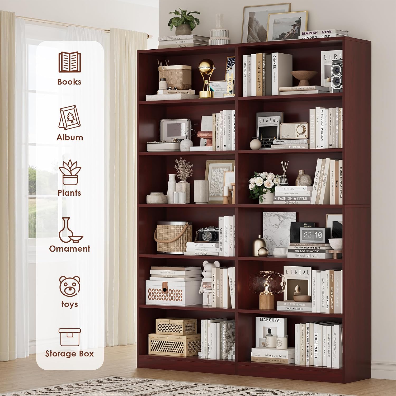Bookshelf Tall Bookcase, 6-Tier Double Wide Bookshelves, White | Freestanding Display Storage Shelves, Tall and Large Book Shelves for Home Decor Bedroom, Living Room, Home Office, Library